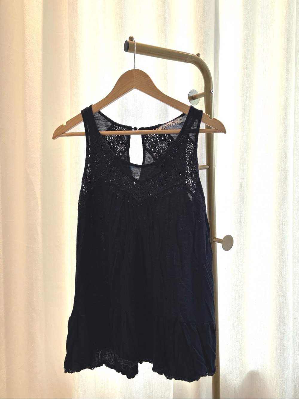 Black Lace Trim Ruffle Tunic Size M quite washed
